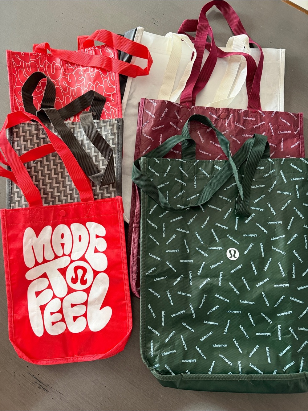 Lot of 6 Lululemon athletica Reusable Tote bags: 3 - 9x11, 3 - 14x16